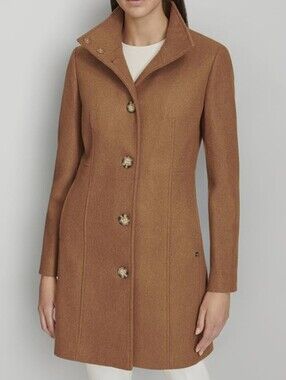 Calvin Klein Tailored Pea Coat in Camel Brown